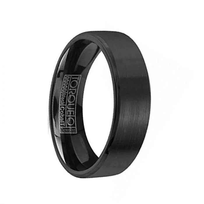 women’s princess cut engagement rings-Flat Torque Black Cobalt Wedding Band Brushed Finish with Beveled Edges - 7 mm