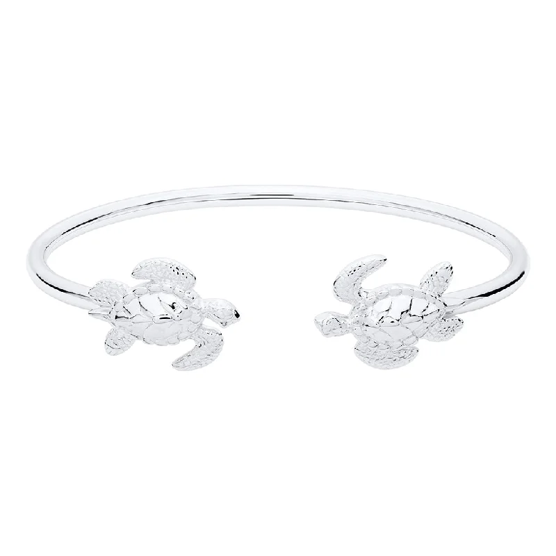 women’s engraved charm bracelet-LeStage® Cape Cod : Split Shank Flex Sea Turtle Cuff  -Silver