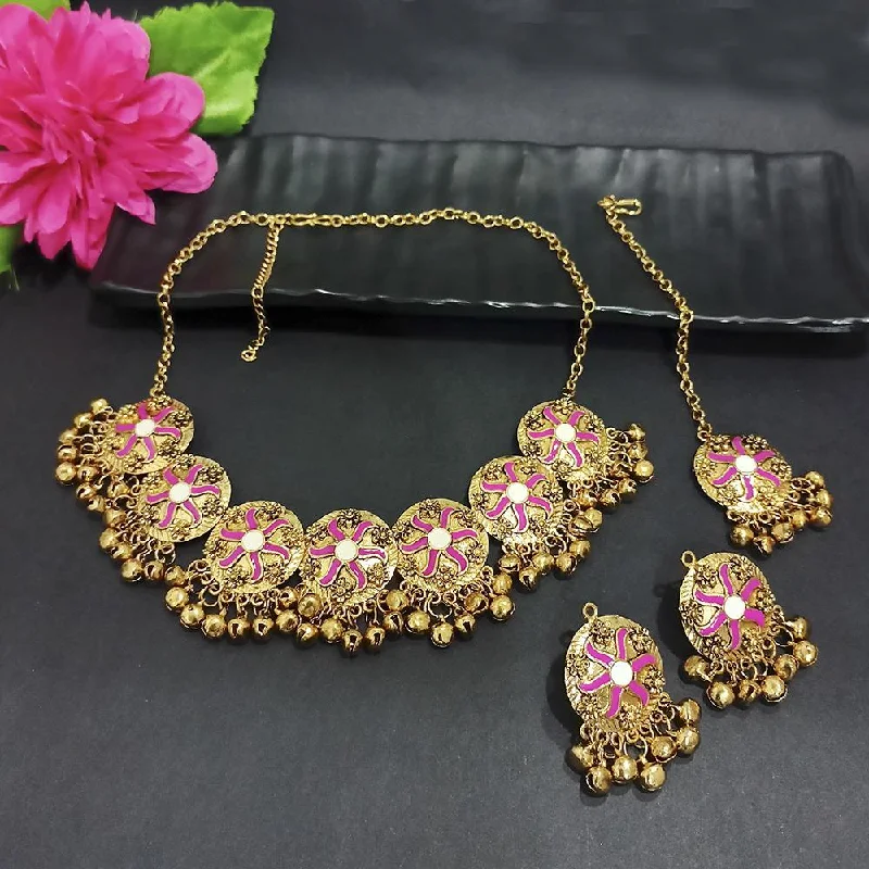 women’s choker necklace-Kriaa Gold Plated Pink Meenakari Necklace Set With Maang Tikka - 1116023C