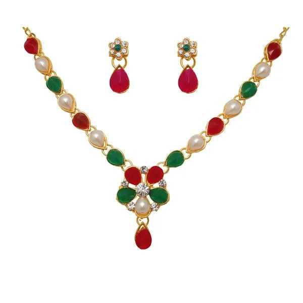 women’s luxury gemstone necklace-Kriaa Green Pota Stone Pearl Gold Plated Necklace Set