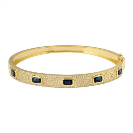 women’s pearl bracelet-14k Yellow Gold Blue Sapphire Diamond Bangle