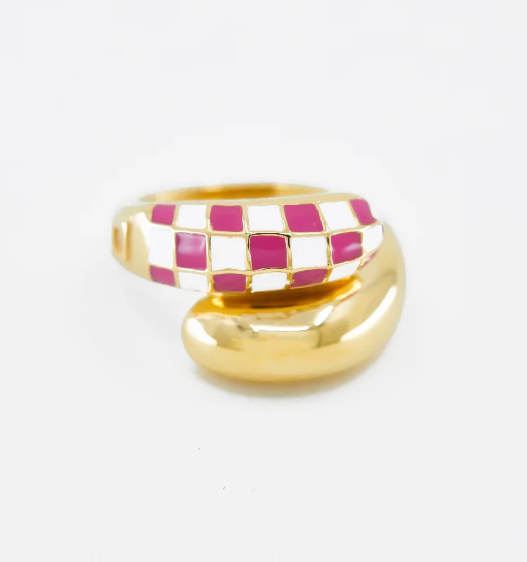 women’s silver ring-Wrap Checker Ring - Pink And White