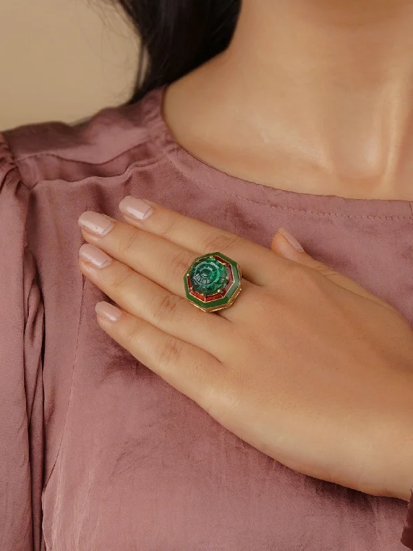 women’s emerald engagement ring-Green Color Gold Plated Contemporary Ring - CC-RNG7GR