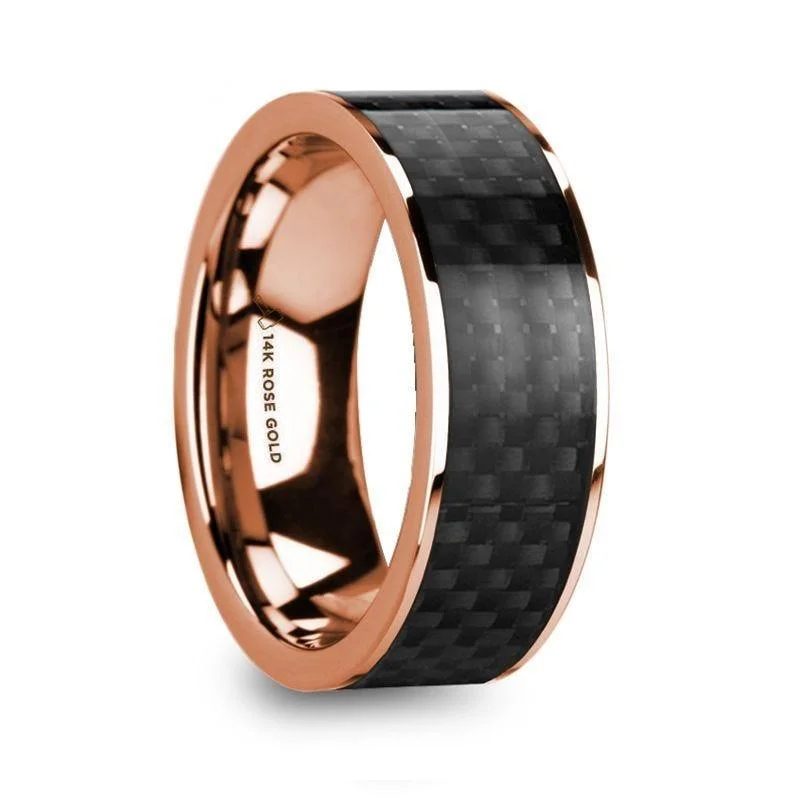 women’s art deco diamond engagement rings-IORGOS Polished 14k Rose Gold Men’s Wedding Band with Black Carbon Fiber Inlay - 8mm