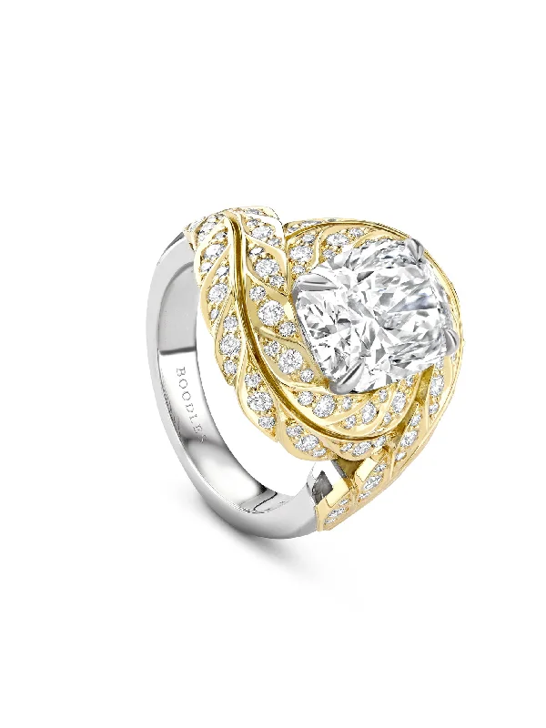 women’s statement ring-Peace of Mined Cushion Diamond Platinum and Yellow Gold Ring