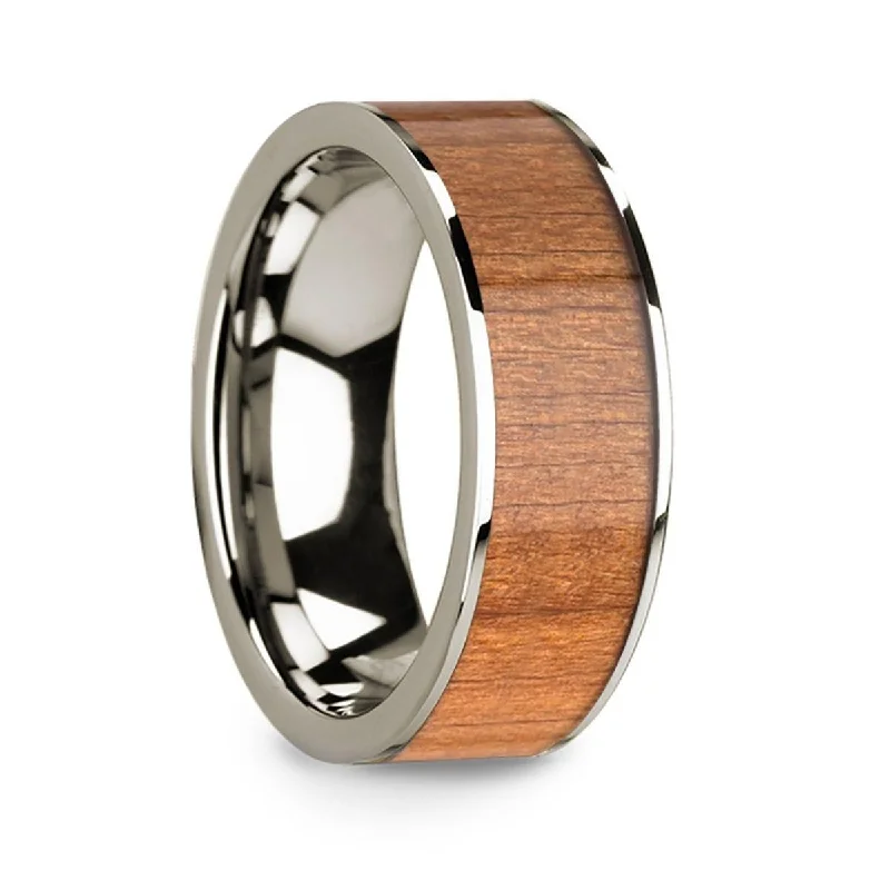 women’s oval engagement rings-Men’s 14k White Gold Wedding Band with Sapele Wood Inlay & Polished Finish - 8mm