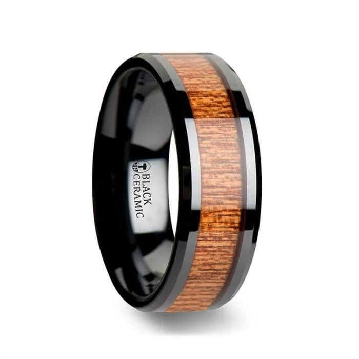 women’s floral diamond engagement rings-BENIN Black Ceramic Wedding Band with Polished Bevels and African Sapele Wood Inlay - 6mm - 10mm