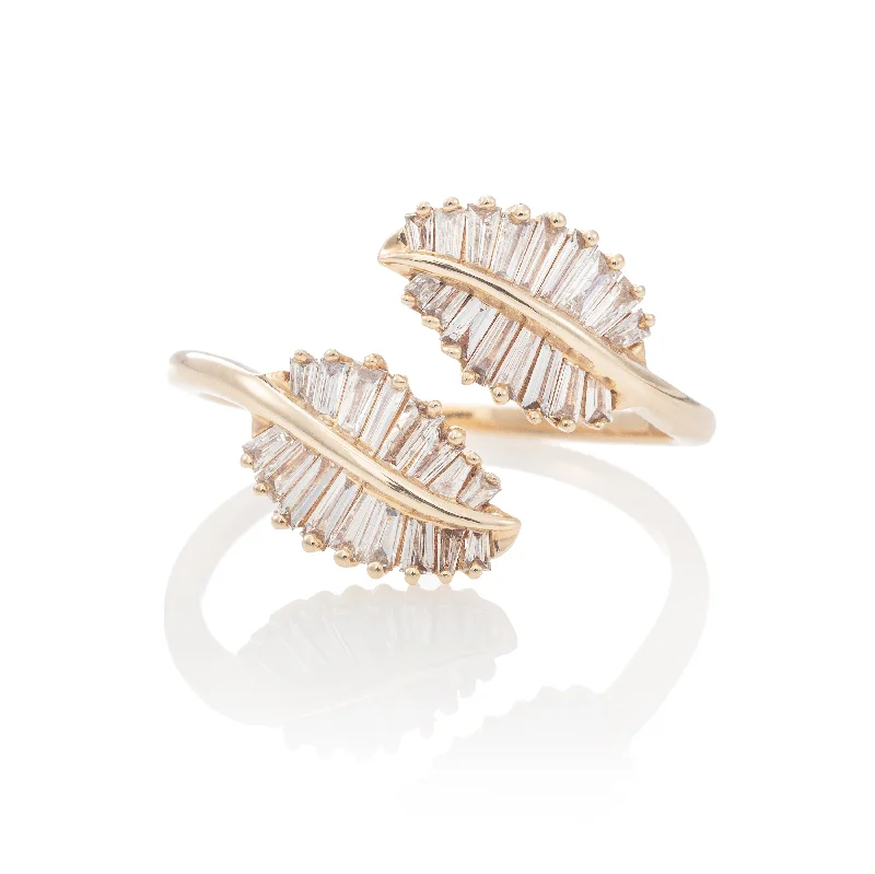 women’s gold-plated ring-Baguette Leaf Wrap Ring