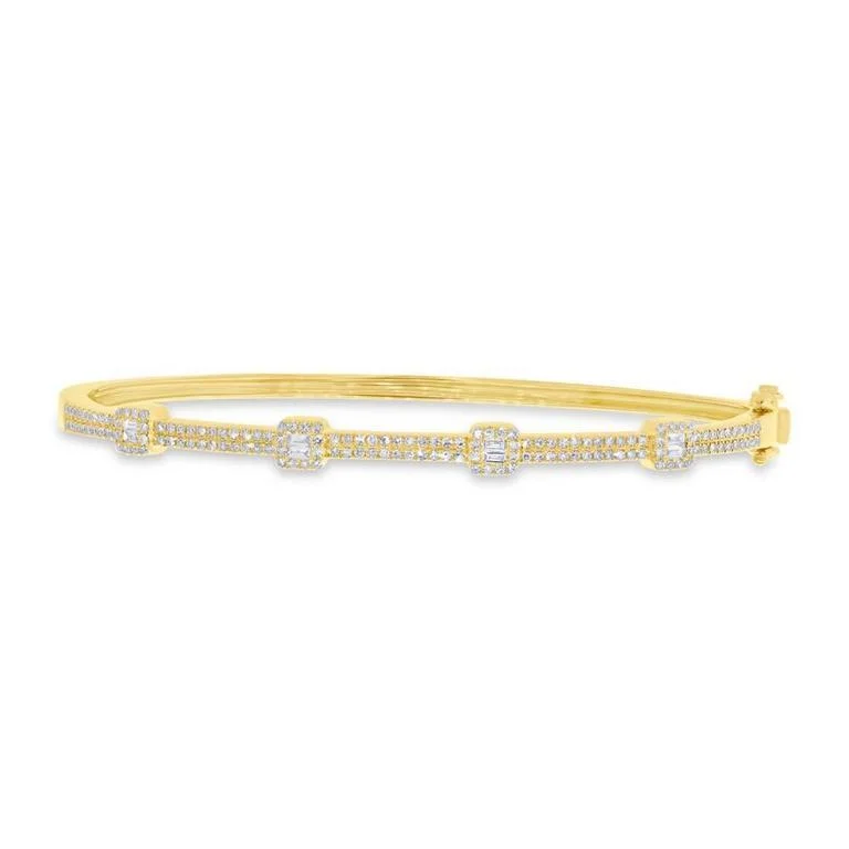 women’s pearl bracelet-14K Yellow Gold Round and Baguette Diamond Bangle