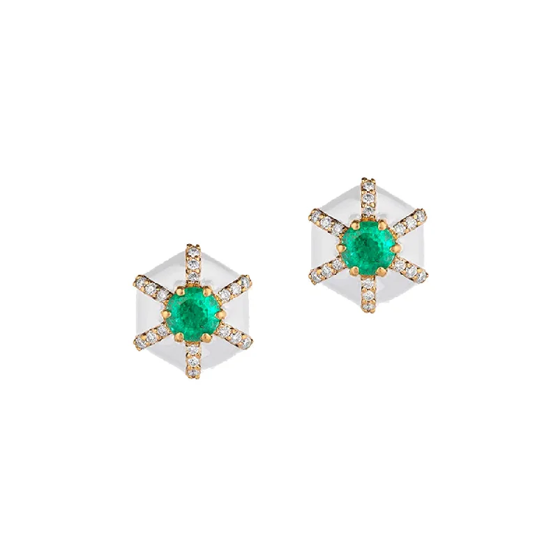 women’s zircon earrings-Emerald, Diamond, and White Enamel Earrings