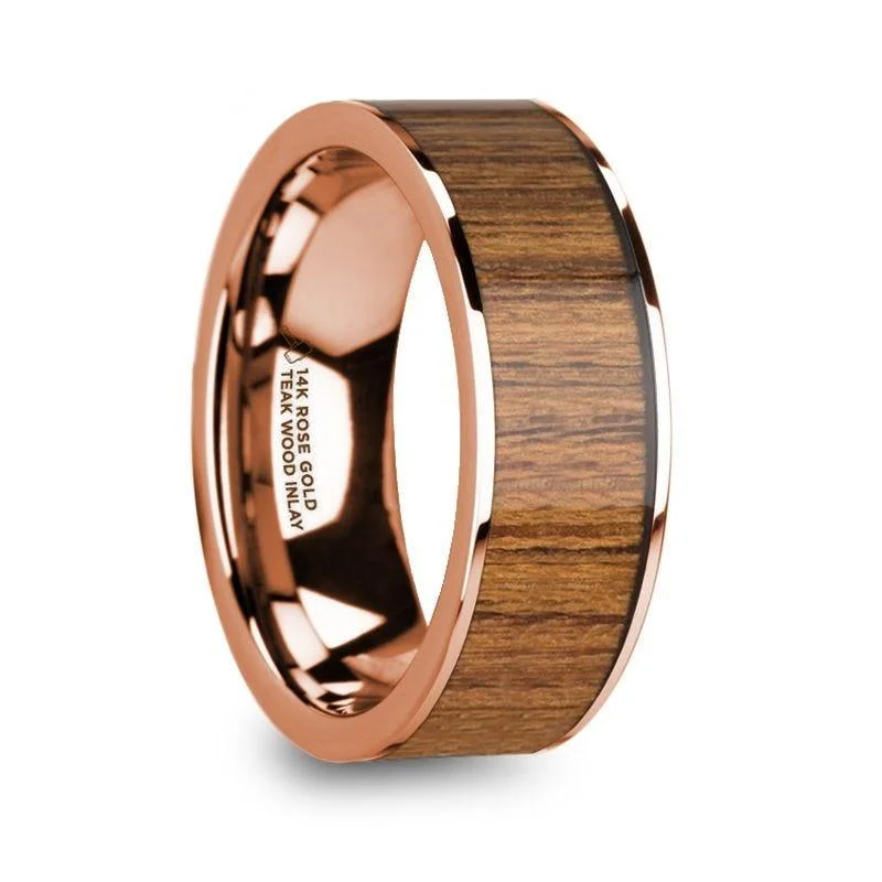 women’s classic diamond engagement rings-VERNADOS Polished 14k Rose Gold Men’s Wedding Band with Teak Wood Inlay - 8mm