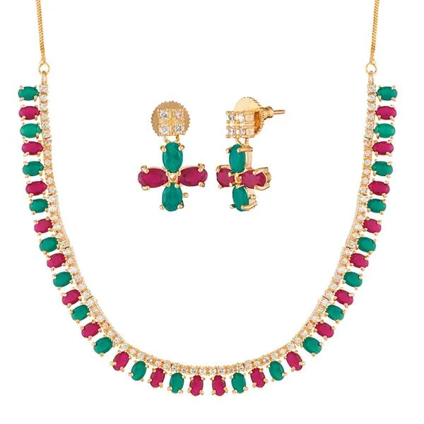 women’s initial letter necklace-Pralhad Green And Pink Pota Stone Brass Necklace Set - FBP0024C