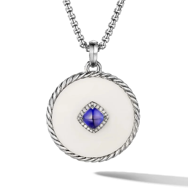 women’s heart-shaped earrings-DY Elements Two Stone Disc Pendant in White Gold with Mother of Pearl, Tanzanite and Pave Diamonds