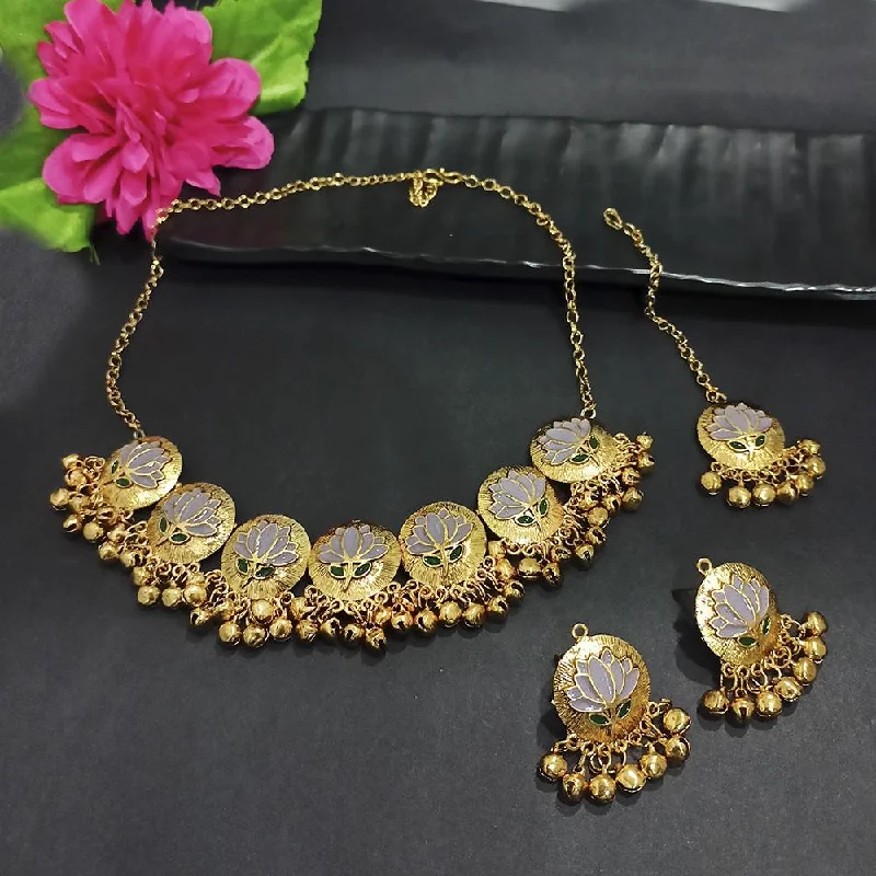 women’s gemstone necklace-Kriaa Gold Plated Grey Meenakari Necklace Set With Maang Tikka - 1116022J