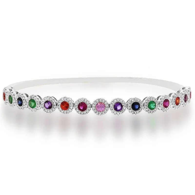 women’s gemstone bracelet-14K White Gold Diamond Halo + Color Stone Hinged Bangle