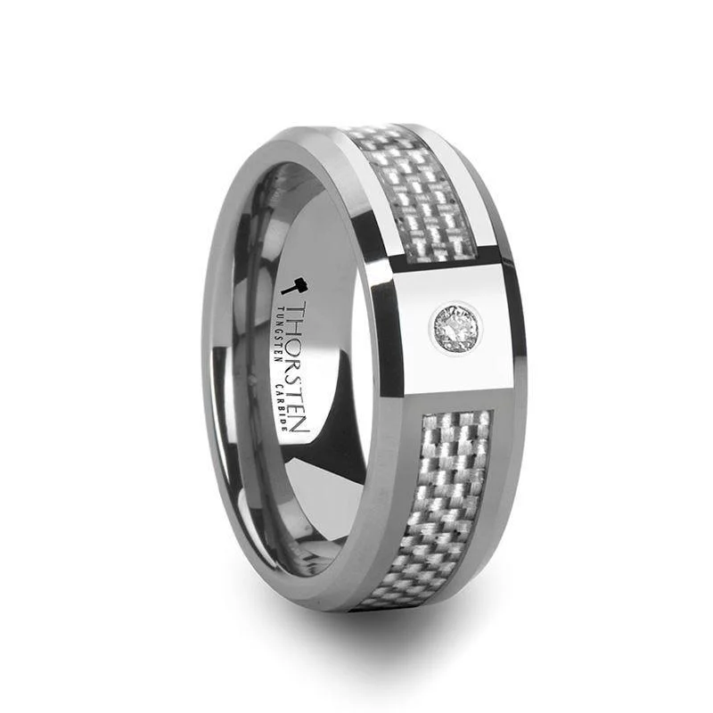 women’s gemstone-studded engagement rings-ROYCE Tungsten Wedding Band with White Carbon Fiber and White Diamond Setting - 8mm