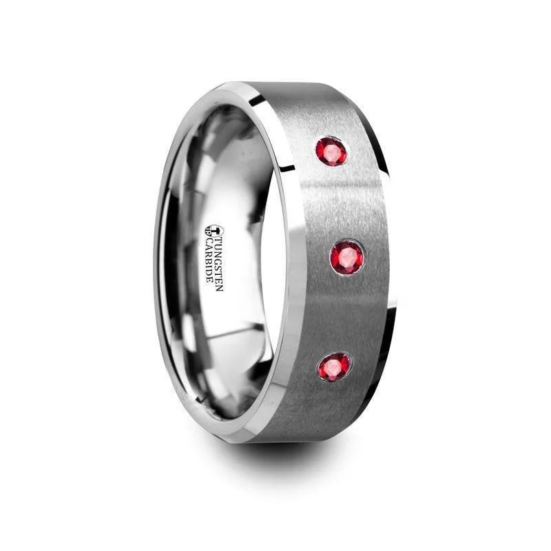 women’s affordable engagement rings-NEREUS Brushed Tungsten Flat Wedding Band with Polished Beveled Edges & Rubies - 8mm