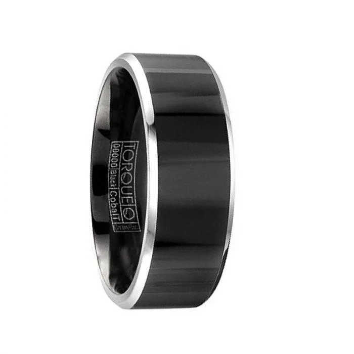 women’s sapphire halo engagement rings-YAMAZAKI Torque Black Cobalt Wedding Band Polished Finish Center Beveled Edges - 7 mm & 9 mm