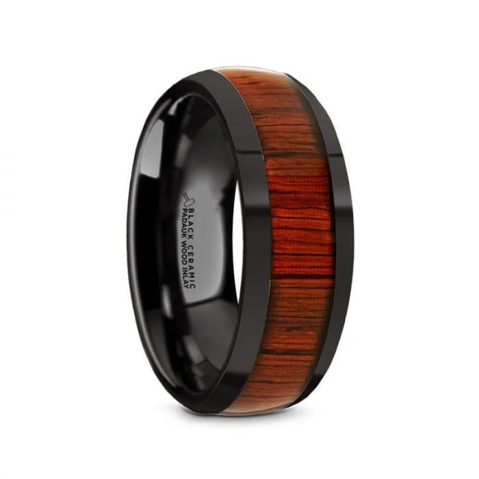 women’s unique diamond engagement rings-MANE Black Ceramic Polished Finish Men’s Domed Wedding Band with Padauk Wood Inlay - 8mm