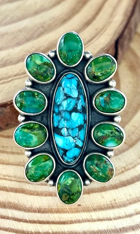 women’s diamond ring-BLOOMING FLOWER Sterling Silver Blue & Green Turquoise Cluster Ring • Sizes 7 & 9 1/4