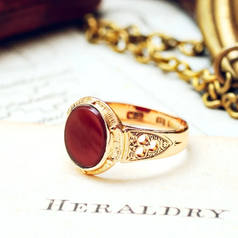 women’s trendy rings-Handsome Date 1876 Gothic Revival Carnelian Signet Ring