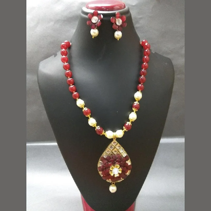 women’s infinity heart necklace-Kriaa Maroon Beads And Kundan Gold Plated Necklace Set - 2800323A