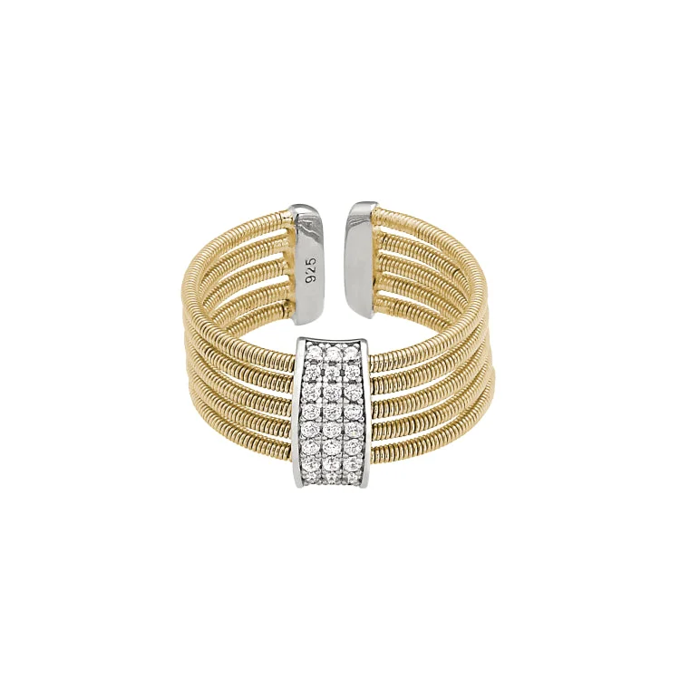 women’s rose gold wedding ring-Gold Finish Sterling Silver Multi Cable Cuff Ring with Rhodium Finish Simulated Diamond Three Rows