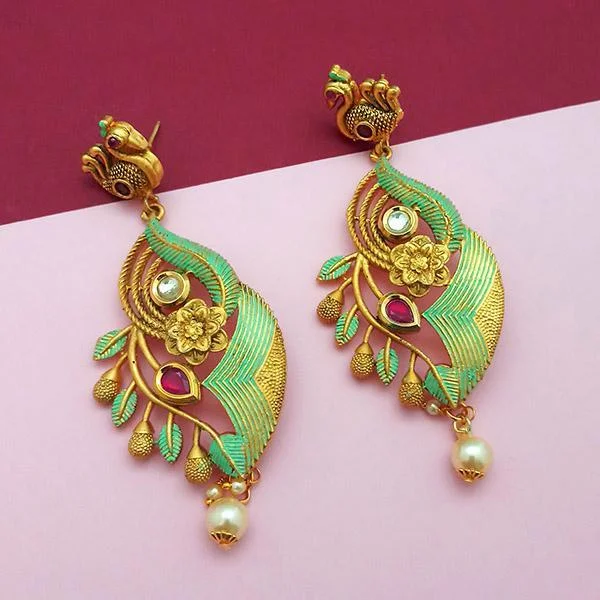 women’s classic pearl earrings-Nikita Arts Gold Plated Stone And Green Meenakari Copper Matte Dangler Earrings - 1313122C