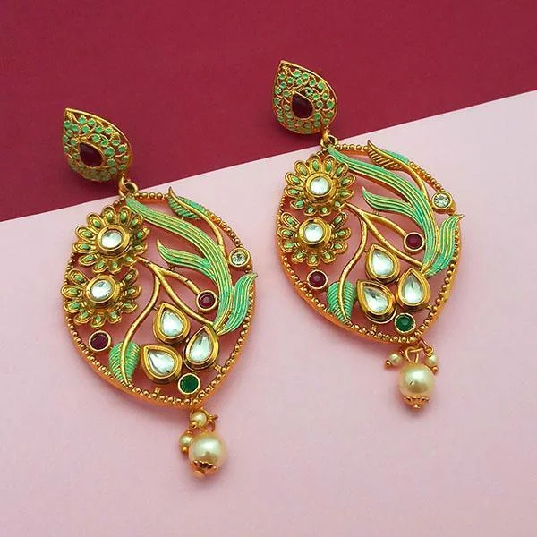 women’s modern earrings-Nikita Arts Gold Plated Stone And Green Meenakari Copper Matte Dangler Earrings - 1313123C