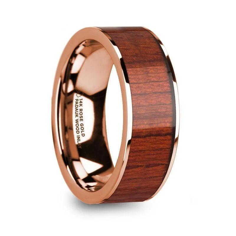 women’s cushion and diamond engagement rings-NIKANOR Polished Finish 14k Rose Gold Men’s Wedding Band with Padauk Wood Inlay - 8mm