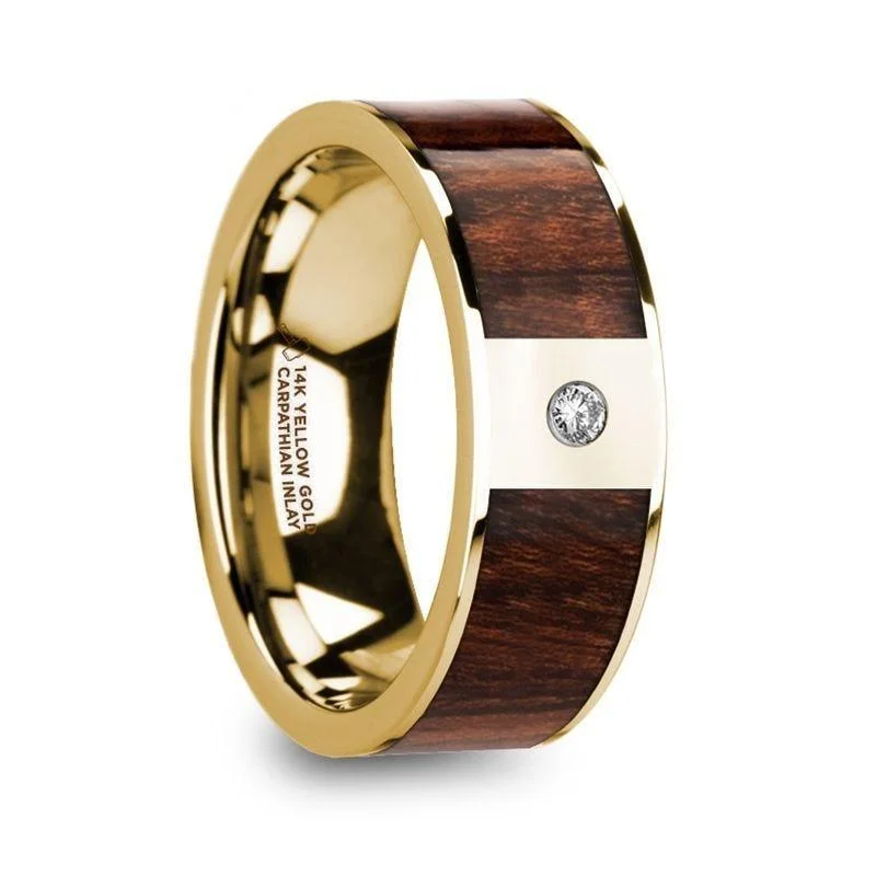 women’s designer engagement rings-SOPHOS Men’s Carpathian Wood Inlaid Polished 14k Yellow Gold Wedding Band with Diamond - 8mm