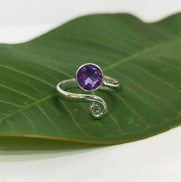 women’s wedding anniversary ring-Amethyst Spiral Adjustable Ring- Sterling Silver, Indonesia