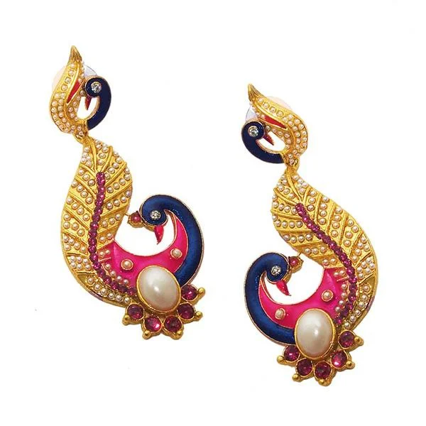 women’s long dangling earrings-Kriaa Blue Meenakari Pearl Gold Plated Peacock Earrings