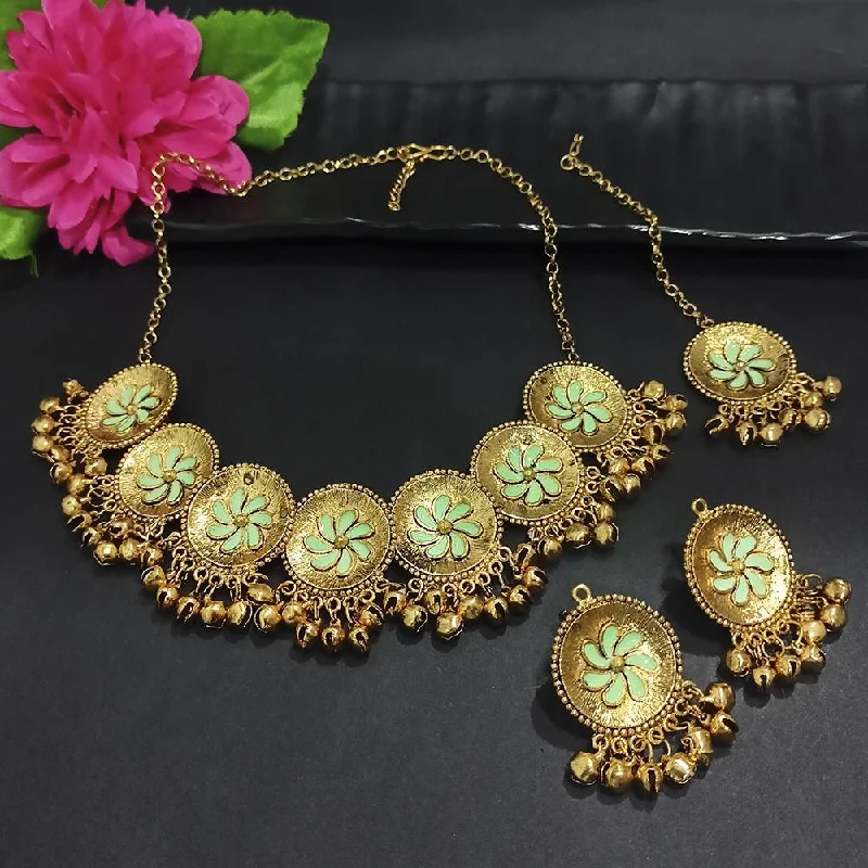 women’s infinity necklace-Kriaa Gold Plated Light Green Meenakari Necklace Set With Maang Tikka - 1116020F