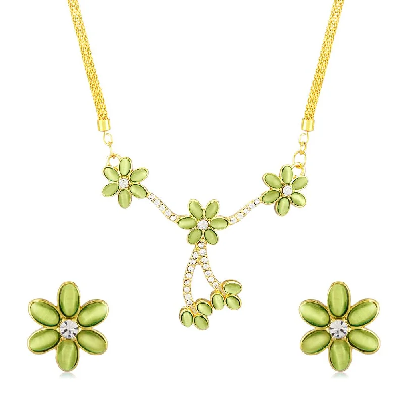 women’s diamond necklace-Mahi Monalisa Cats Eye Light Green Flower Gold Plated Necklace Set for Women