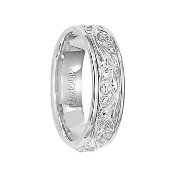 women’s solitaire engagement rings-SUCCESS 14k White Gold Wedding Band Intricate Scroll Center Rolled Edges by Artcarved - 6 mm