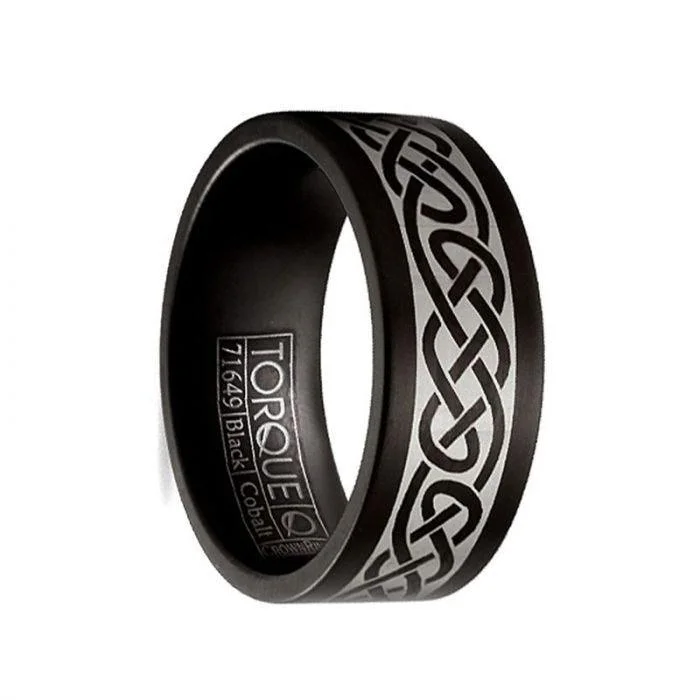 women’s gemstone-studded engagement rings-Matte Finish Torque Black Cobalt Men’s Wedding Band with Center Laser Celtic Design - 9 mm