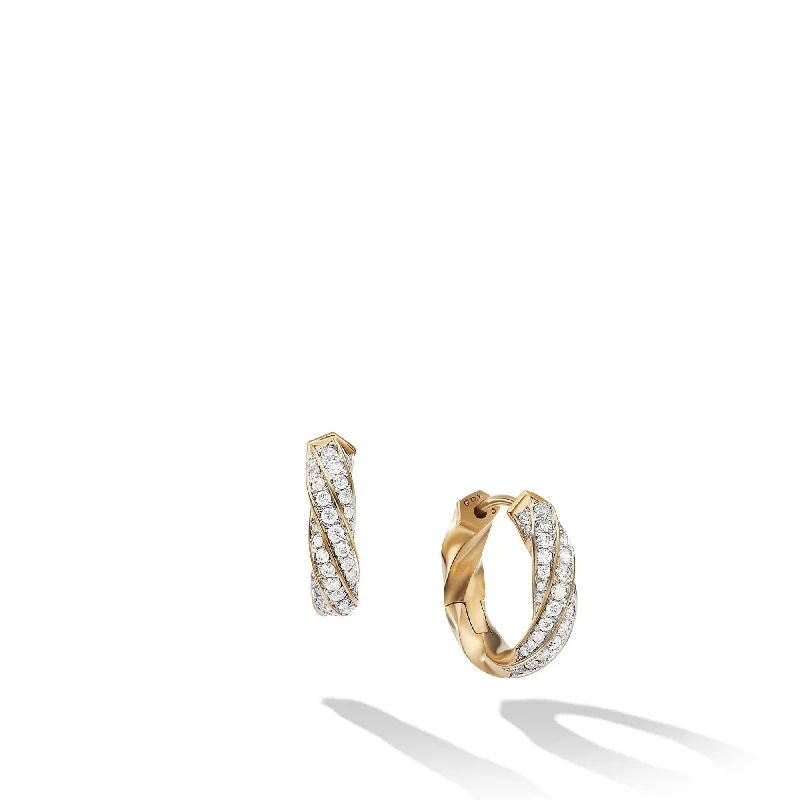 women’s colorful earrings-Cable Edge Huggie Hoop Earrings in Recycled 18K Yellow Gold with Pave Diamonds