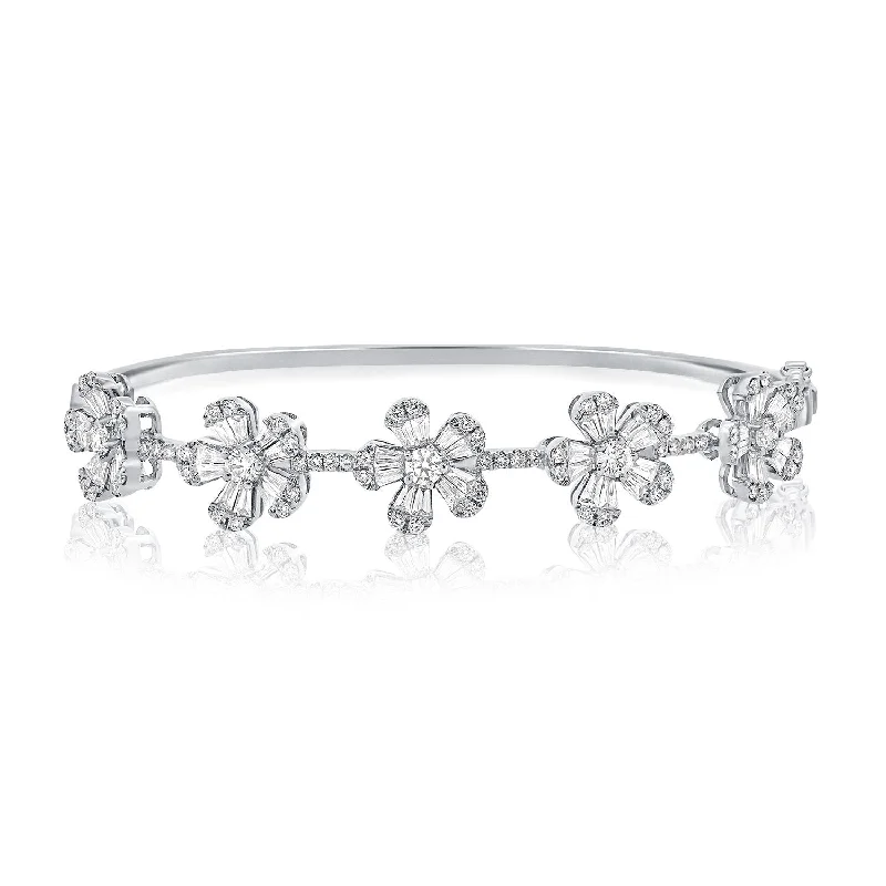 women’s bracelet set-14K White Gold Diamond Flower Bangle