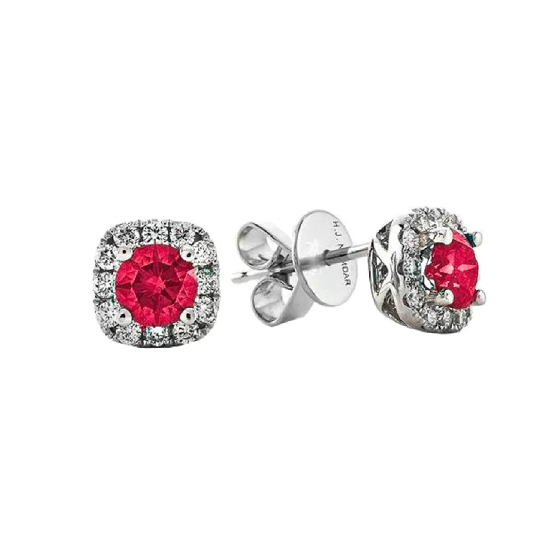 women’s rose gold earrings-Ruby & Diamond Halo Stud Earrings