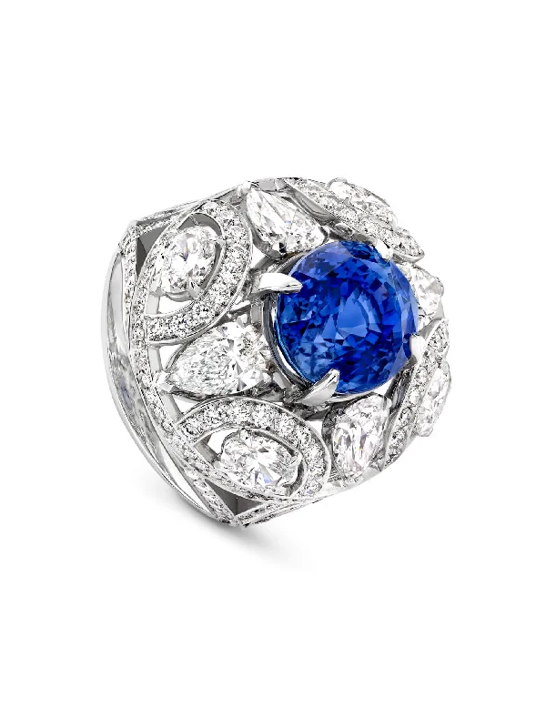 women’s unique design ring-Scroll Oval Sapphire Platinum Ring