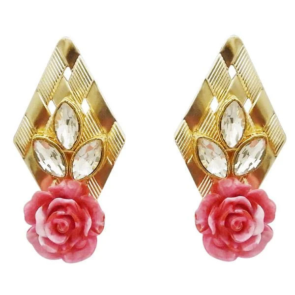 women’s colorful earrings-Kriaa Gold Plated Pink Resin Stone Floral Dangler Earrings