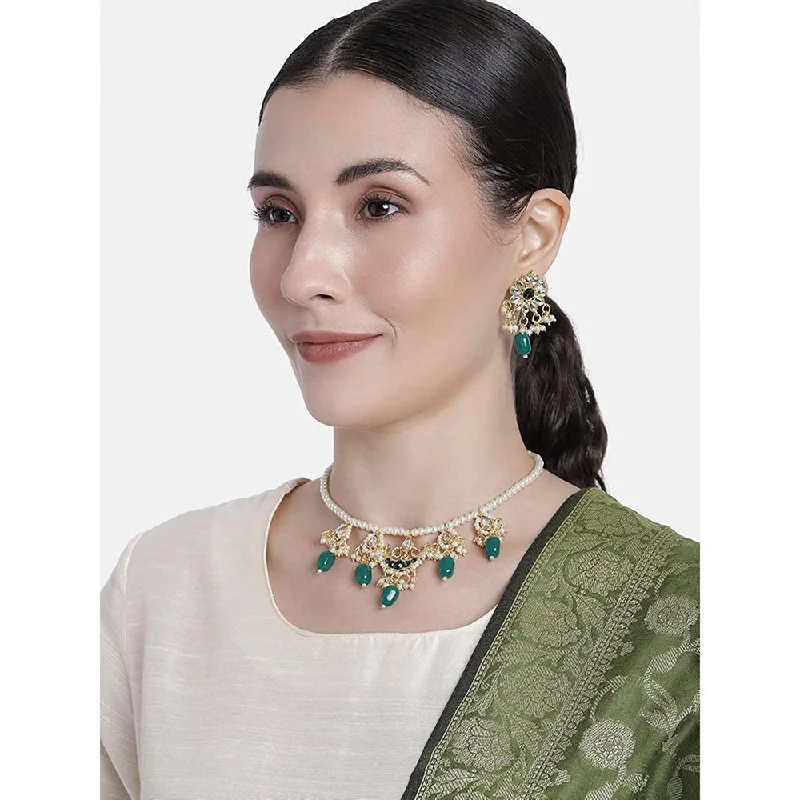 women’s multi-stone necklace-Etnico18k Gold Plated Green Beaded Pearl Moti Mala Necklace Jewellery Set for Women (ML301G)