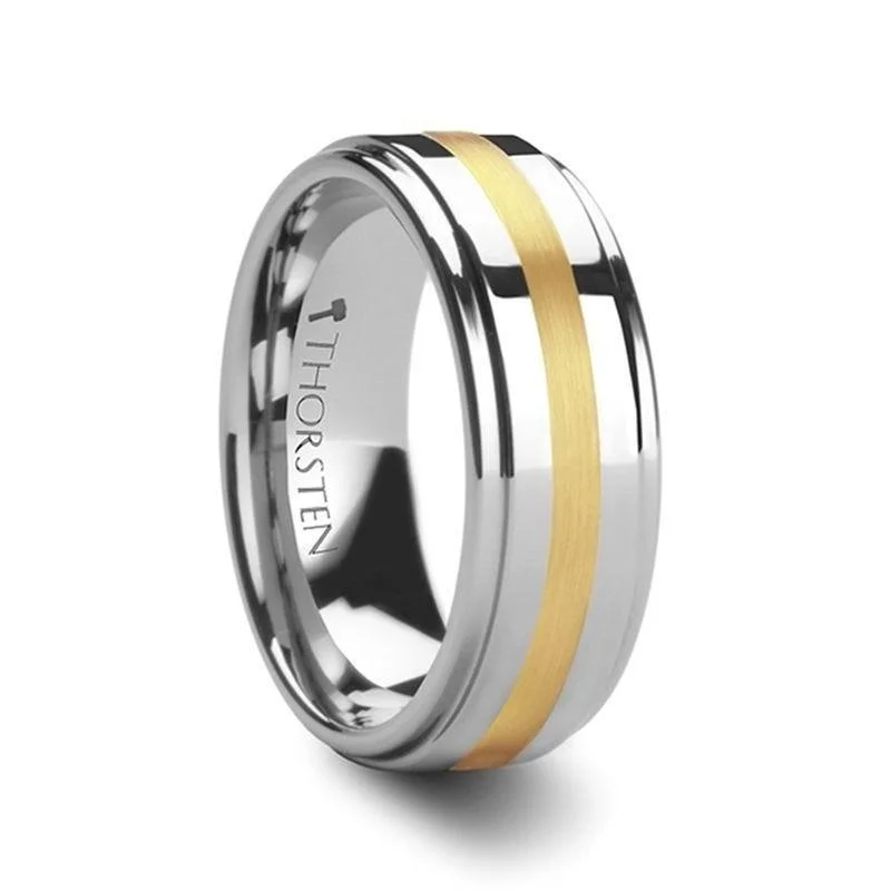 women’s modern vintage engagement rings-APOLLO Gold Inlaid Raised Center Tungsten Wedding Band - 8mm