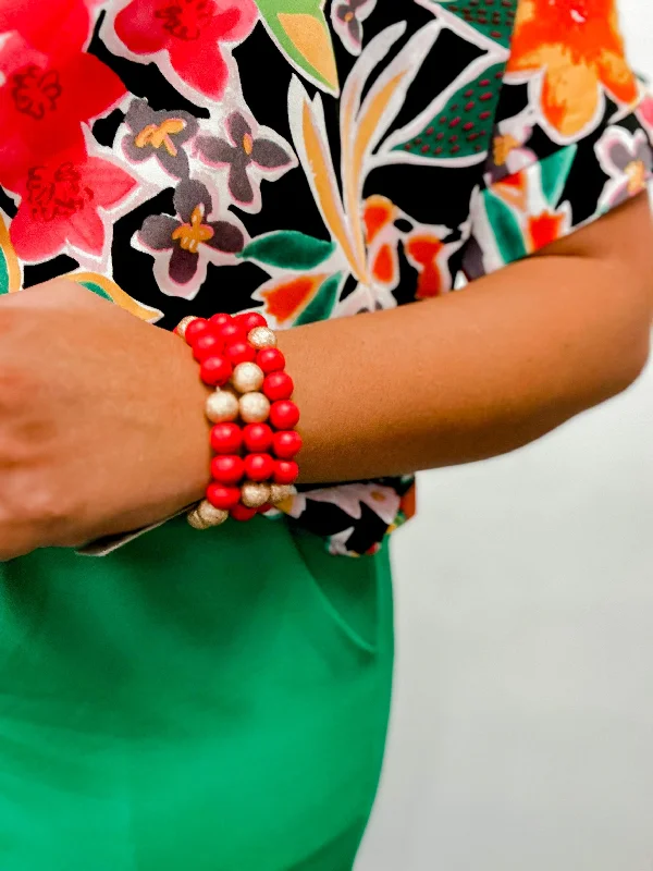 women’s floral bracelet-Fiery Coral & Gold Wooden Beaded Set