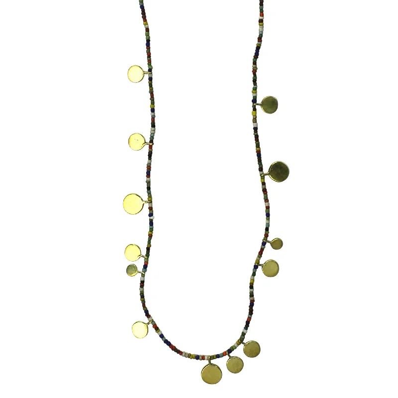 women’s gold-plated necklace-Necklace, Brass Tabs on Multi-Color Beads