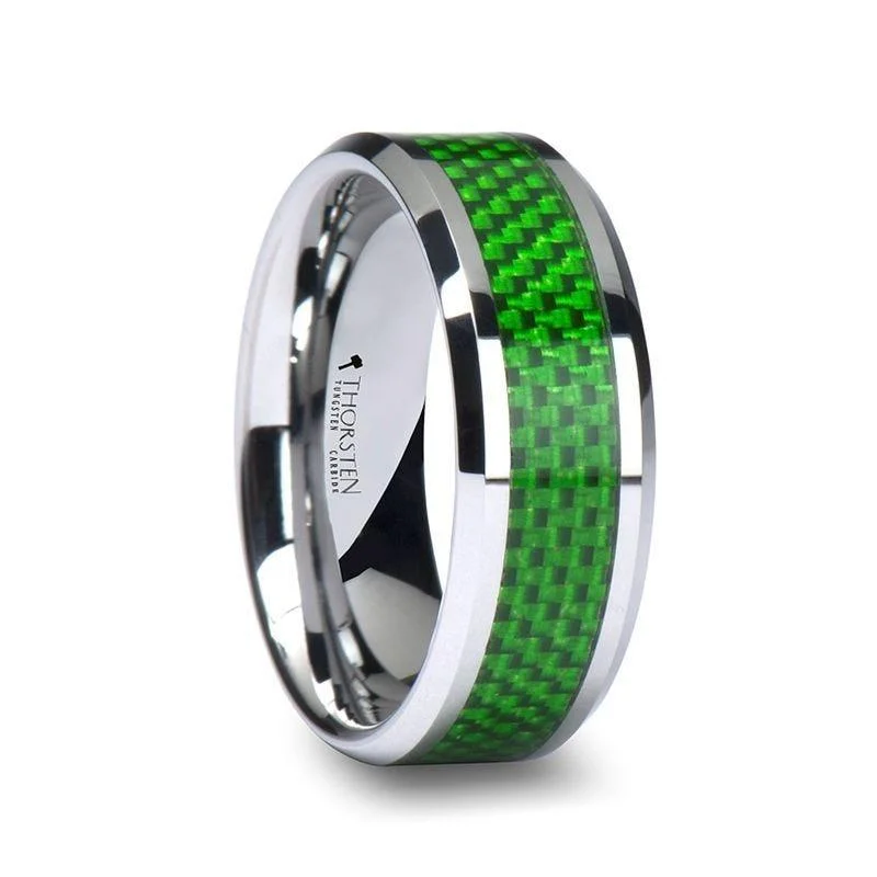 women’s unique diamond engagement rings-VERMONT Tungsten Wedding Band With Emerald Green Carbon Fiber Inlay - 8mm