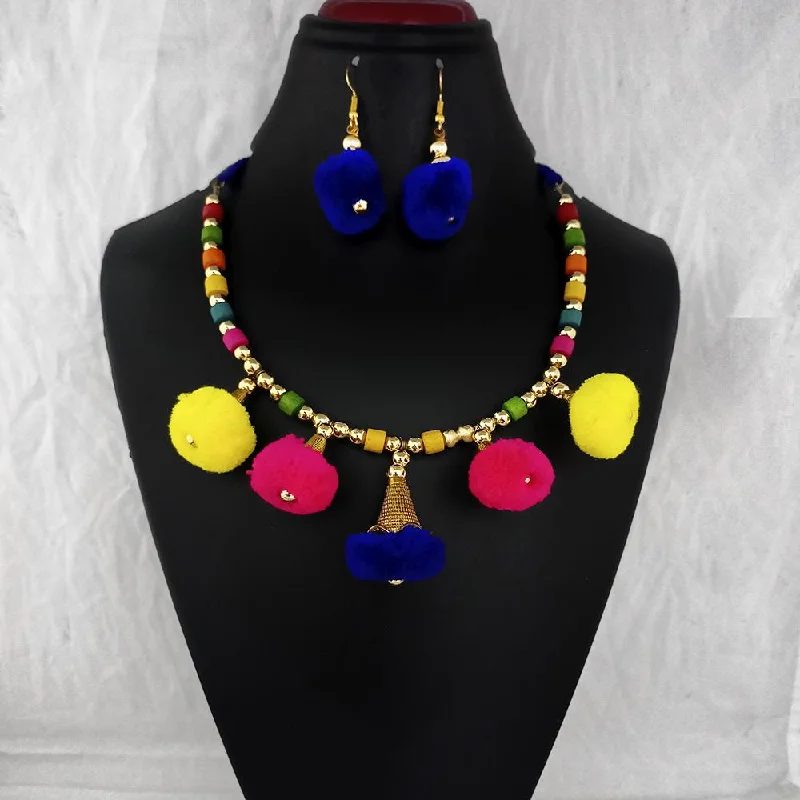 women’s princess-cut necklace-Jeweljunk Gold Plated Multicolor Pom Pom Necklace Set  - 1115667