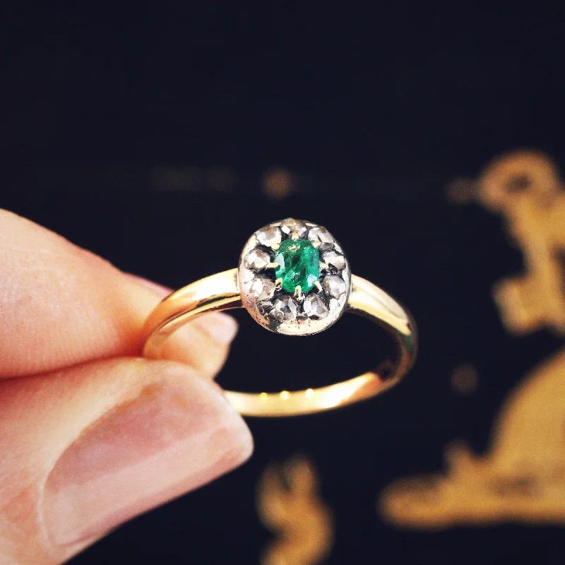 women’s pear-shaped ring-Antique Emerald & Rose Cut Diamond Cluster Ring