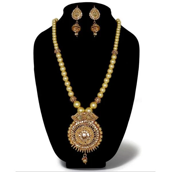 women’s rope chain necklace-Kriaa Gold Plated Austrian Stone Pearl Necklace Set